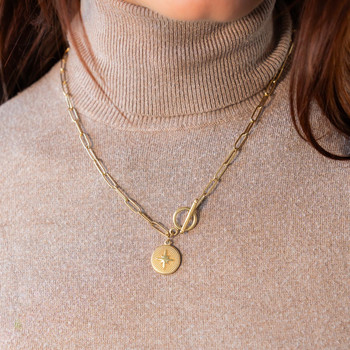 Collier acier doré pampille 47cm