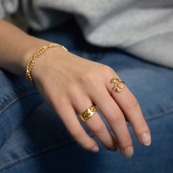 Bague acier doré ouverte feuilles