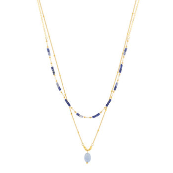 Collier acier doré 2 rangs aventurines bleues 47 cm