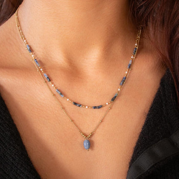 Collier acier doré 2 rangs aventurines bleues 47 cm