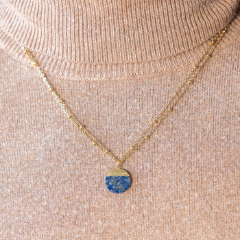 Collier acier doré 2 rangs lapis lazuli 47 cm