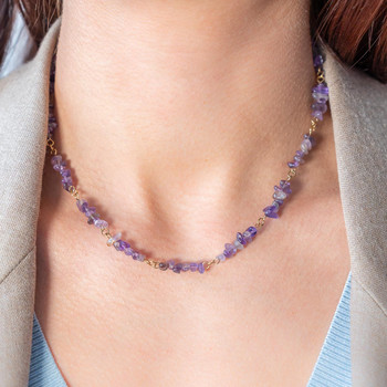 Collier acier doré améthystes 45 cm