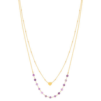 Collier acier doré 2 rangs coeur améthystes 46 cm