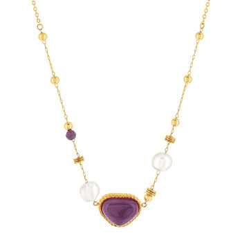 Collier acier doré améthystes et 2 perles de culture de Chine 48 cm