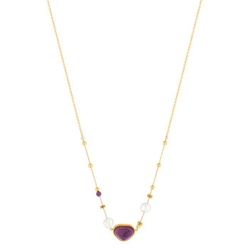 Collier acier doré améthystes et 2 perles de culture de Chine 48 cm
