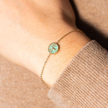 Bracelet acier doré arbre de vie laque verte 20 cm