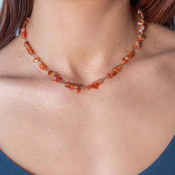 Collier acier doré agates oranges 45 cm