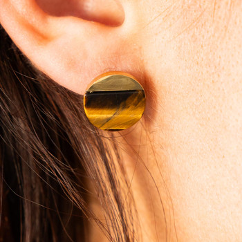Boucles d'oreilles acier doré pierres oeil de tigre 11.90mm