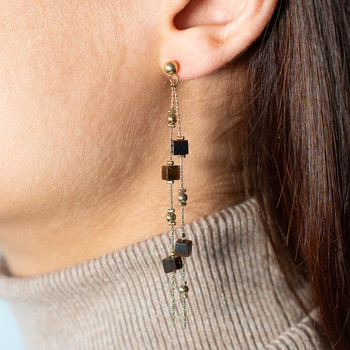 Boucles d'oreilles acier doré pendantes pierres oeil de tigre