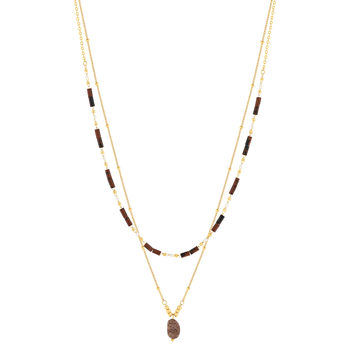 Collier acier doré 2 rangs pierres oeil de tigre 48 cm