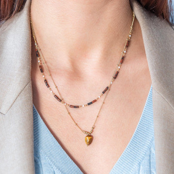 Collier acier doré 2 rangs pierres oeil de tigre 48 cm