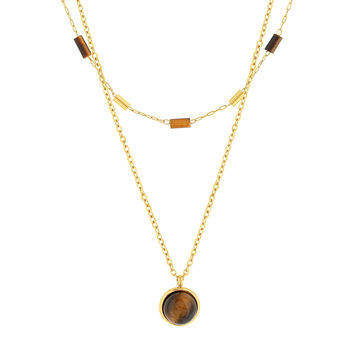 Collier acier doré 2 rangs pierres oeil de tigre 48 cm