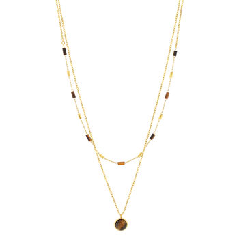 Collier acier doré 2 rangs pierres oeil de tigre 48 cm