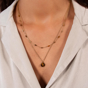 Collier acier doré 2 rangs pierres oeil de tigre 48 cm