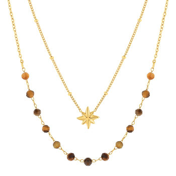 Collier acier doré 2 rangs étoile et pierres oeil de tigre 45 cm