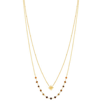 Collier acier doré 2 rangs étoile et pierres oeil de tigre 45 cm