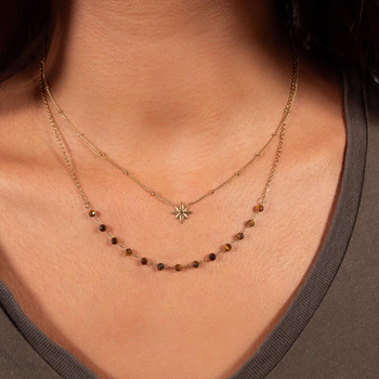 Collier acier doré 2 rangs étoile et pierres oeil de tigre 45 cm