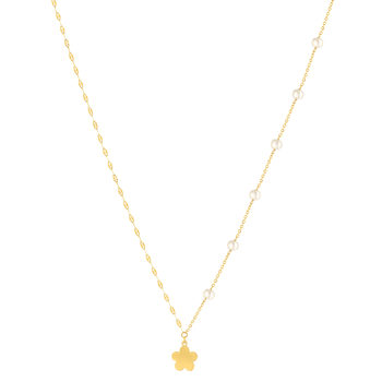 Collier acier doré 4 perles d'eau douce et 1 pampille fleur 45 cm