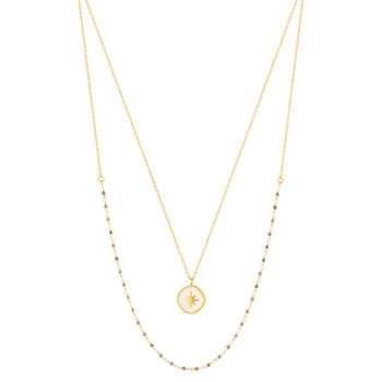 Collier acier doré 2 rangs pampille laque blanche 45 cm