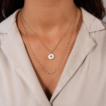Collier acier doré 2 rangs pampille laque blanche 45 cm