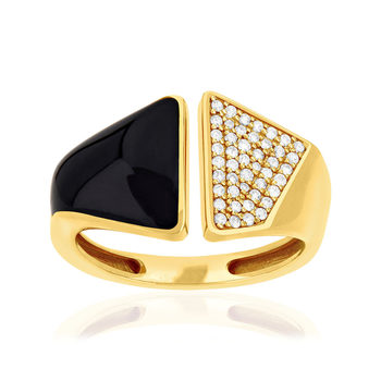 Bague or 375 jaune ouverte résine noire et zirconias
