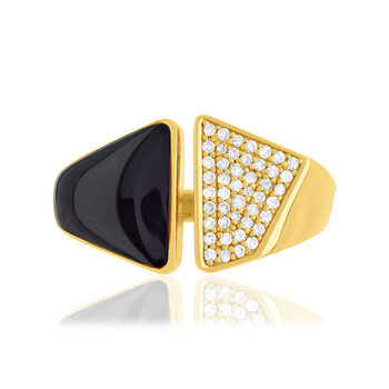 Bague or 375 jaune ouverte résine noire et zirconias
