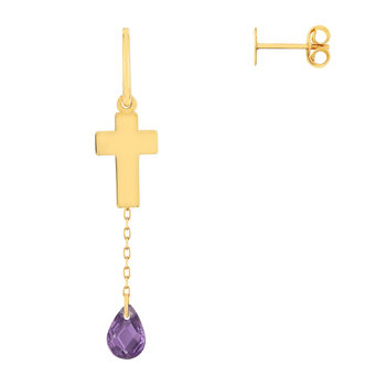 Boucles d'oreilles or 375 jaune coeur, croix et pendant zirconia violet