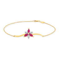 Bracelet or 375 2tons fleur rubis et diamants 18cm