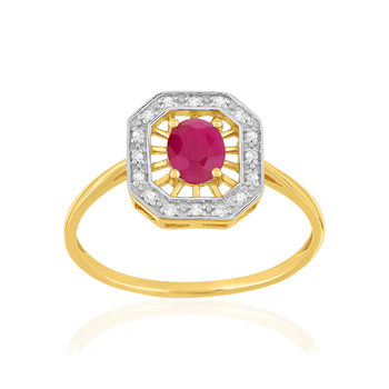 Bague or 375 jaune rubis et diamants