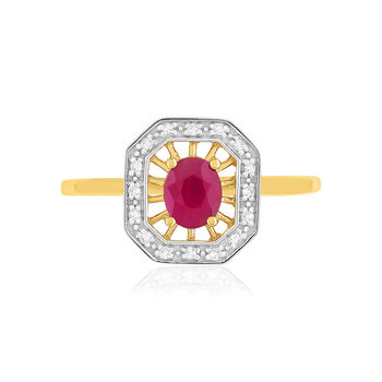 Bague or 375 jaune rubis et diamants