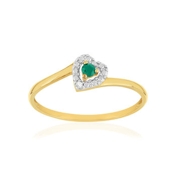 Bague or 375 2 tons coeur émeraude et diamants