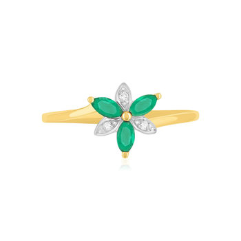 Bague or 375 2 tons fleur émeraudes et diamants