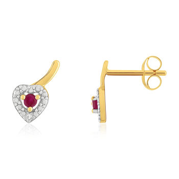 Boucles d'oreilles or 375 jaune coeur rubis et diamants