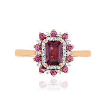 Bague or 375 rose grenats rhodolites et diamants