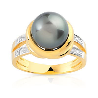 Bague or 750 jaune perle de culture de Tahiti diamant