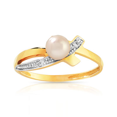 Bague or 2 tons perle de culture de chine diamants