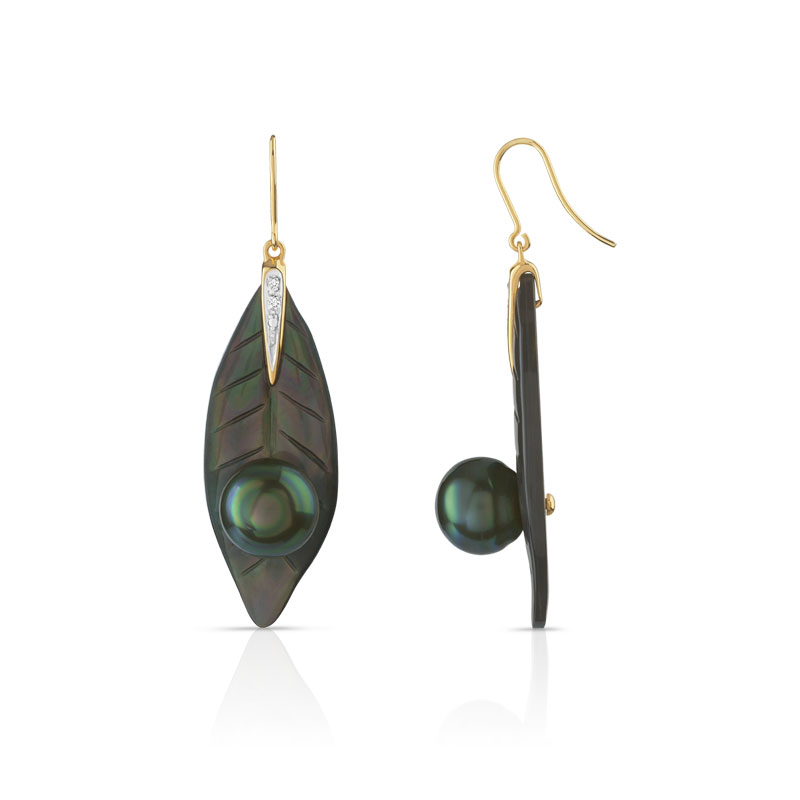 boucles d'oreilles or 750 2 tons perles tahiti diamant et nacre