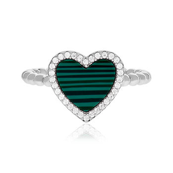 Bague argent 925 coeur malachites zirconias