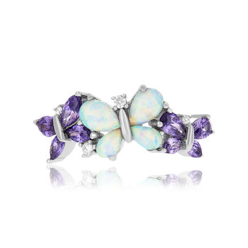 Bague argent 925 papillons opales et zirconias violets