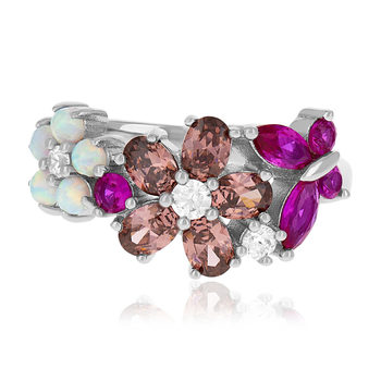Bague argent 925 fleurs et papillon opales, pierres synthétiques et zirconias