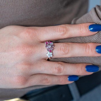 Bague argent 925 fleurs et papillon opales, pierres synthétiques et zirconias