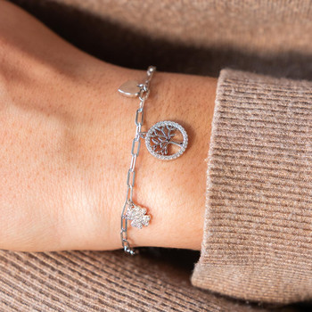 Bracelet argent 925 et zirconias motifs arbre de vie, coeur et trèfle 19cm