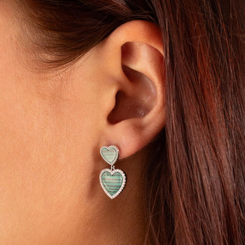 Boucles d'oreilles argent 925 malachites et zirconias coeurs