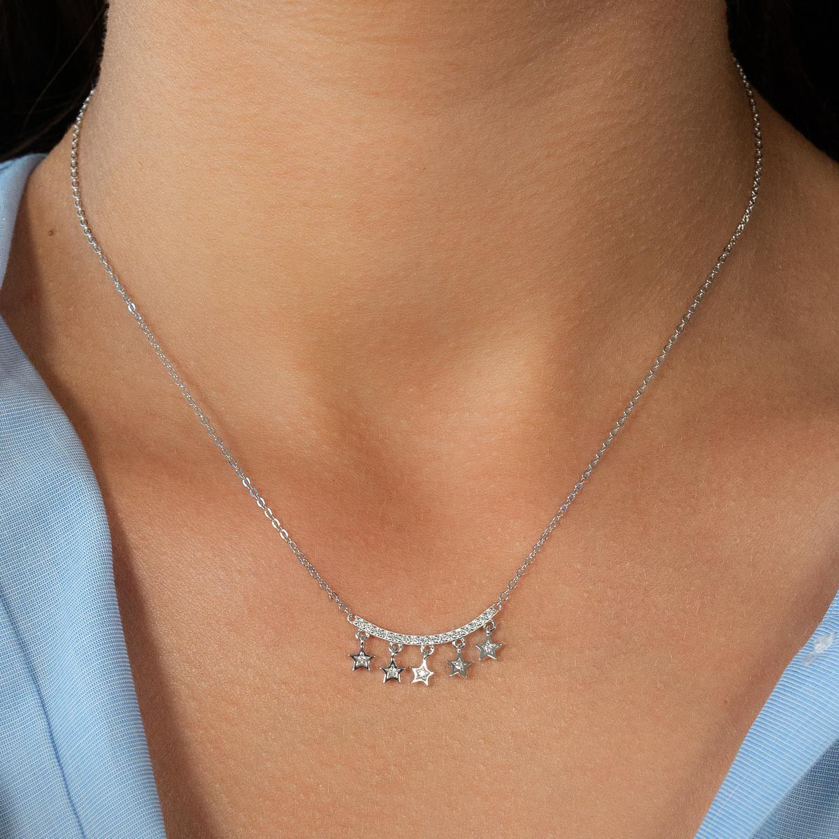 Collier argent 925 et zirconias motif étoiles 45cm - vue porté 1