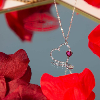 Collier argent 925 pierre synthétique rouge motif coeur 45cm