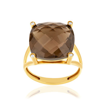 Bague or 375 jaune diamants et quartz fumé