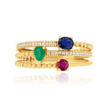 Bague or 750 jaune rubis, émeraudes, saphirs et diamants