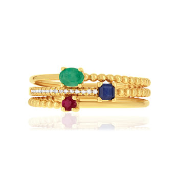 Bague or 750 jaune rubis émeraudes saphirs et diamants