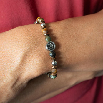 Bracelet élastique acier et pierre naturelles vertes marrons 20cm