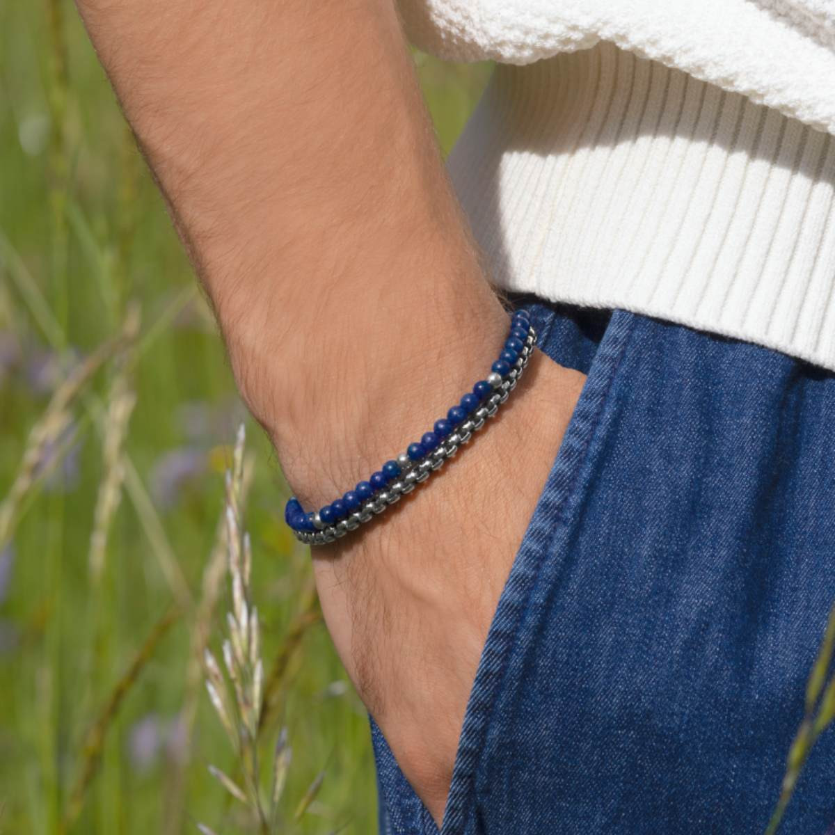 Bracelet acier pierres naturelles bleues 21,5cm - vue porté 1